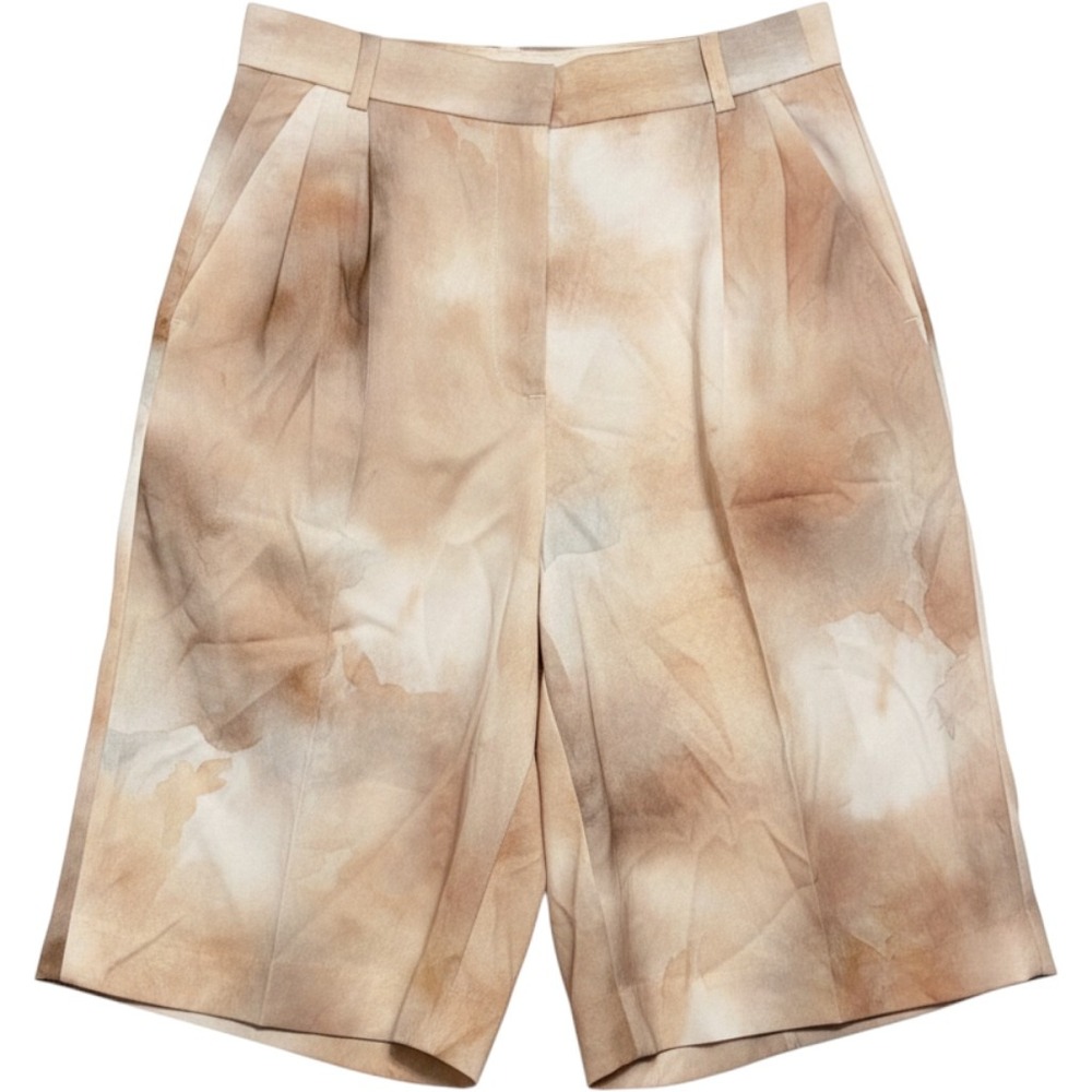 H&M Women Beige Watercolor Tie Dye High Waisted Pleated Bermuda Shorts Sz 6 NWT